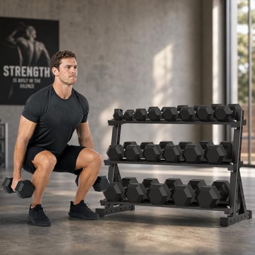HANDBODE Rubber Coated Hex Dumbbell Set with Rack, 300-840 lb | Fixed Weights Sets with Heavy Duty Storage Stand, Multiple Weight Options Home Gym Equipment for Strength Training - style: 350 lb Set (10-50 lb) with Rack