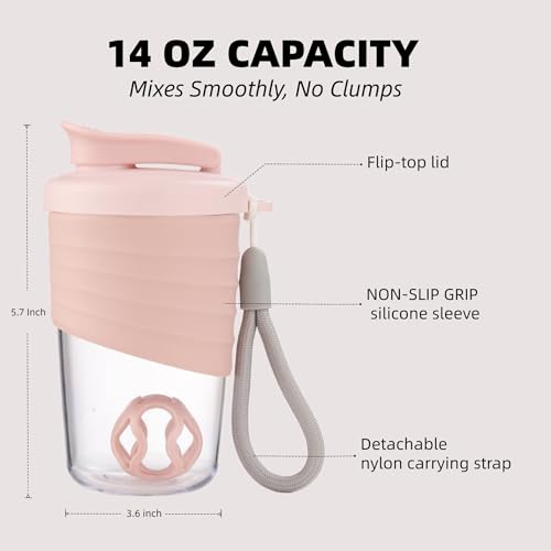 Protein Shaker Bottle, Pink, 14 oz Leak-Proof with Non-Slip Silicone Grip, Mixing Ball, Detachable Nylon Strap