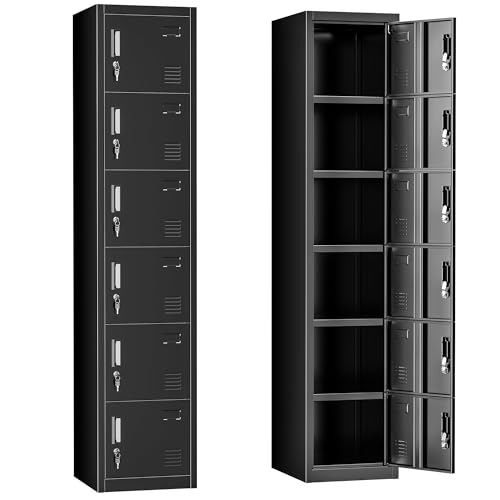 Greenvelly 72" Locker, Metal Lockers for Employees with 6 Doors and Keys, 6-Tiers Black Lockable Steel Storage Locker for Gym,School,Office,Sports,Card Slots,Vents - color: Black, size: 6 Doors
