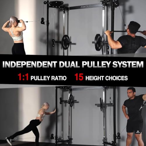 Mikolo Folding Squat Rack, Wall Mounted Power Rack with Cable Crossover Machine & LAT Pull Down, Functional Trainer with 5 Adjustable Function Modes, Home Gym Package - color: Black, size: WR00 Package (BP 230LB & Bar & Bench)