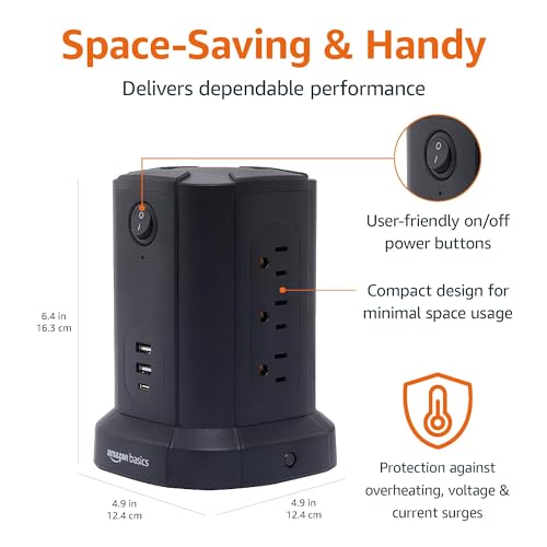 Amazon Basics Power Strip Tower Charging Station, Surge Protector 1080J, 9 Outlet with Integrated USB Charging Ports (2 USB-A and 1 USB-C), Space Saving, 15A, 6ft Cord, Black - size: 6 Feet