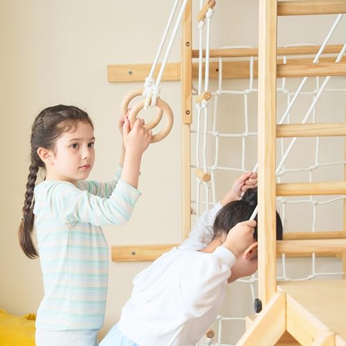 Avenlur Grove 8-in-1 Indoor Jungle Gym with Gymnastic Rings, Climbing Rope, Swing, Slide, Monkey Bars, Rope Wall Net, and Wooden and Rope Ladder - Jungle Play Set for Kids Ages 2-11 Years Old - color: Natural Wood