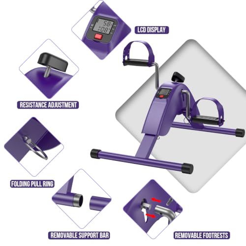 Under Desk Bike Pedal Exerciser for Leg & Arm | Foldable Mini Exercise Bike with LCD Display for Home & Office - color: PURPLE