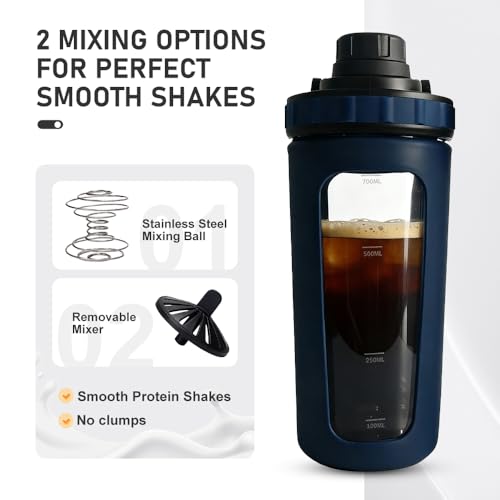 26oz Glass Protein Shaker Bottle, Stainless Steel Mixing Ball & Silicone Sleeve, Odorless, Leak-Proof, BPA-Free, Ideal for Smoothies & Workout Drinks (Steel Blue) - color: Steel Blue