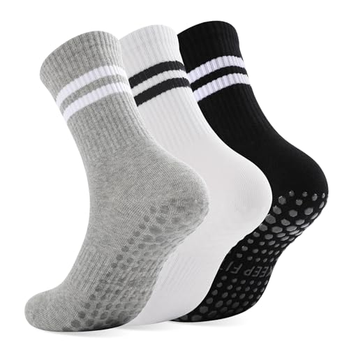 loudashuaiqi Grip Pilates Socks Non Slip Athletic Yoga Socks with Grips for Women Grippy socks for Hospital Workout Barre - style: 3pair Black White Grey