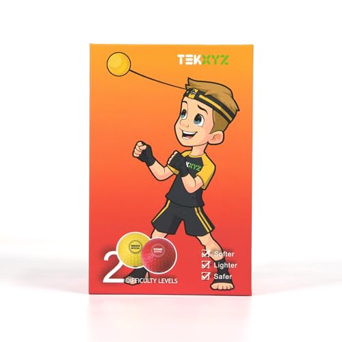 TEKXYZ® Reflex Ball with Counter App & Online Community, 2 Difficulty Levels Boxing Ball with Headband, Perfect for Reaction, Agility, Punching Speed, Fight Skill & Hand Eye Coordination Training - color: Yellow/Red