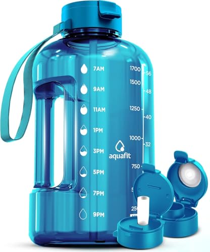 AQUAFIT Half Gallon Water Bottle with Time Marker | BPA Free Half Gallon Water Bottle with Straw and Chug Lids - Leakproof Gym Water Bottle with Carry Handle (Aqua) - color: Aqua, size: 64 Ounces