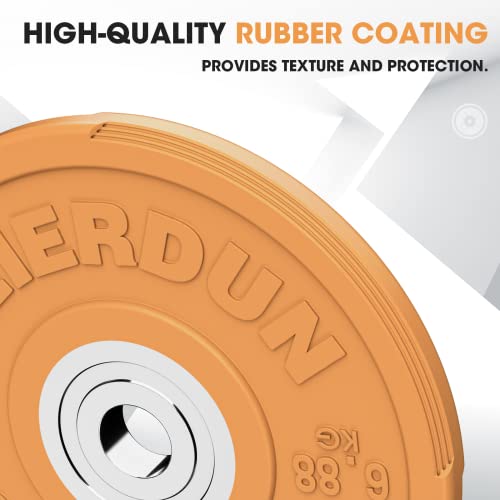 FEIERDUN Color Bumper Plate Set, 2-Inch Olympic Weight Plates, Low Bounce Rubber Barbell Plates with Stainless Steel Insert for Weightlifting, Strength Training, CrossFit & Home Gym, 10LB-370LB - style: B) 15LBS Pair