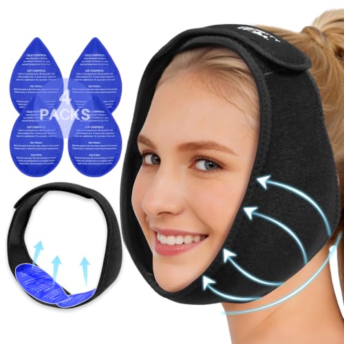 Wisdom Teeth Ice Pack Head Wrap for Pain Relief - Cold Hot Therapy for Face, Jaw & Oral Surgery with 4 Gel Packs, TMJ, Tooth Extraction, Tonsillectomy Recovery-Black - color: Black