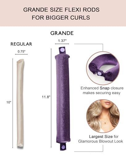 Grande Heatless Curls Overnight Rods - Upgraded Directional Grip Velvet - No Heat Hair Curlers to Sleep, Jumbo Large Hair Rollers Flexible Curling Rods Set for Long Thicker Coarser Hair Blowout Look - color: Plum