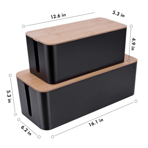 2 Pack Large Cable Management Box – Wooden Style Cord Organizer Box and Cover for TV Wires, Computer, Router, USB Hub and Under Desk Power Strip – Safe ABS Material and Baby-Pets Proof Lock (Black) - color: Black