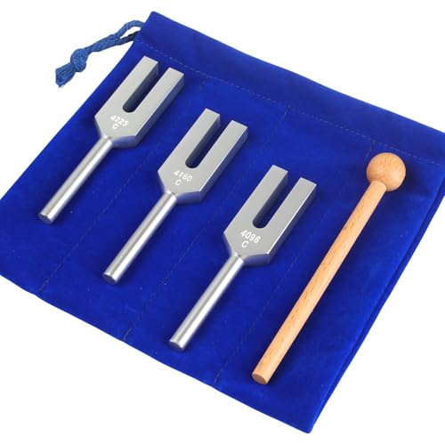 Angel Tuning Forks Set - 4096 Hz, 4160 Hz, 4225 Hz with Wooden Hammer and Velvet Bag for Yoga and Meditation Accessories - color: 4096 Hz, 4160 Hz, 4225 Hz - Silver