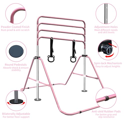 Gymnastics Bars for Kids with Rings, Junior Kip Training Bars Equipment for Home, Folding Height Adjustable Horizontal Bars - color: Pink