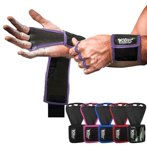 JerkFit WODies Gymnastics & Weightlifting Grips with Wrist Wraps – 3 Hole Versatile Gym Gloves for Pull Ups, Gym Training & Cross Training – Hand Grips Palm Protector for Men & Women - color: Purple, size: Small 3”- 3.5”