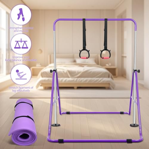 Expandable Gymnastics Bars with Ring, Adjustable Height Gymnastic Horizontal Bars, Gym Junior Training Bar Children Folding Training Monkey Bars for Kids - color: Mat+Purple