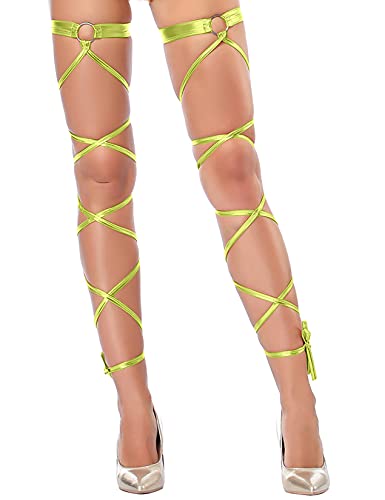 Sexy Women Leg Wraps Gothic Shiny Metallic with O-Ring Non-Slip Garter Festival Raves Dancing Party - color: Fluorescent Green