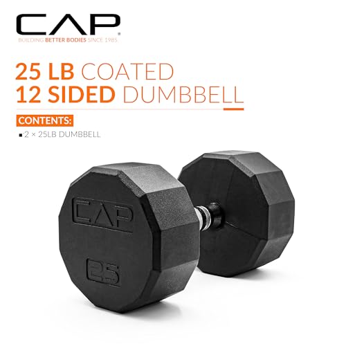 CAP Rubber Coated Dumbbell Weights, Free Weights for Home Gym Strength Training, Anti-Roll Hex Dumbbells with Black, Chrome & Comfort Grip Handles, Pairs & Sets - size: 25 lb - Pair, style: 12-Sided - Chrome Handle