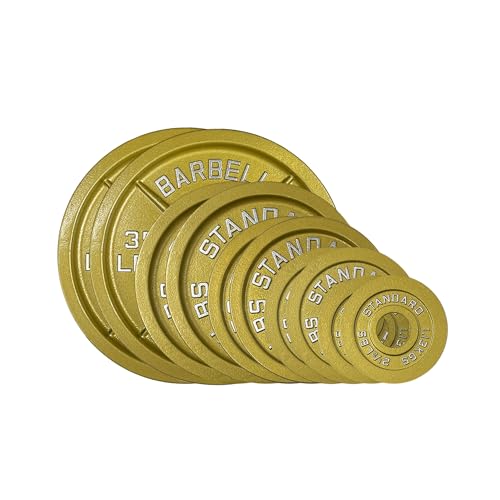 Gold Finish Olympic Steel Plates - Pairs and Sets 2 Inch Barbell Standard in Premium Gold for Weight Lifting - color: 155lb Set