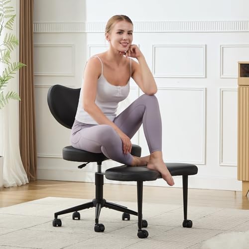 Cross Legged Office Chair, 360° Swivel Yoga Meditation Chair, Ergonomic Height Adjustable ADHD Criss Cross Office Chair with Wheels, Lumbar Support for Home Office, Black - color: Black, size: Heart Back
