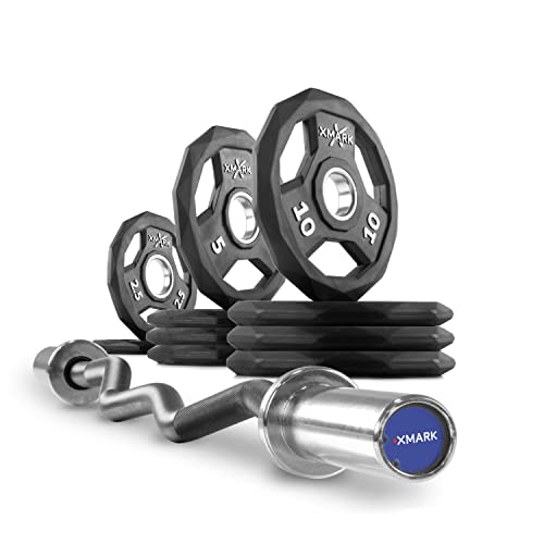 XMark Olympic Bar Curl Bar with Weights Offer, Olympic Weights Pair or Set of BLACK DIAMOND Olympic Weight Plates, Premium Quality, Rubber Coated with EZ Curl Bar, Black Manganese 25mm XM-3670.1 - color: 03) BAR and 65 lb Set