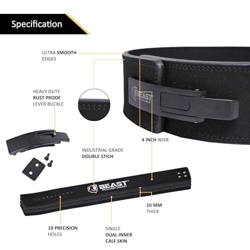 Beast Power Gear Weight Lifting Belt Lever Buckle 10MM 13MM Thick & 4 Inches Free Strap Weightlifting, Powerlifting, Deadlifts, Squats Men Women - color: Black/Black, size: Medium