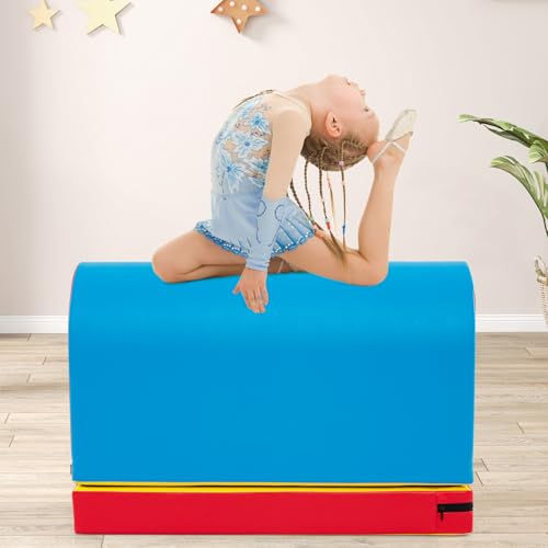 Goplus Mailbox Tumbling Mat, Gymnastics Vaulting Box w/Detachable Mat, Carrying Handle, Premium PU Leather, Portable Jumping Tumbling Aid Trainer for Kids Home Gyms Exercise - color: Red+Navy Blue