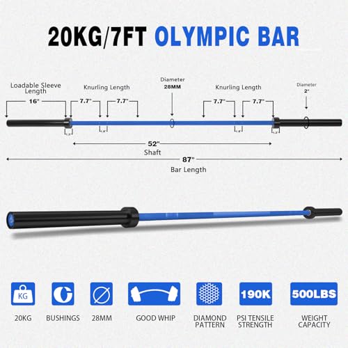 7ft Olympic Barbell for Strength Training, Olympic Weightlifting | 500 700 1000LBS Capacity, 2 Inch 45lb Weight Bar for Squat, Home Gym Fitness Equipment, Bench Press, Deadlift, Powerlifting - color: Blue-500LBS