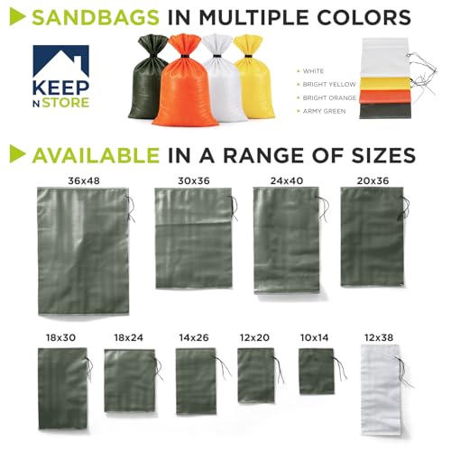 Heavy Duty Sand Bags Pack of 24, Army Green Empty Sandbags with Built-In Ties, Woven Polypropylene UV Protection 1600 Hours, Fillable Bags for Flood Control, Weight, 12x20 inches, 25 Pounds Volume - size: 12"W x 20"L, style: Pack of 24