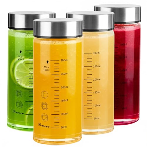 Glass Juice Bottles 4 Pack 12 oz - Wide Mouth Glass Water Bottles with Lids - for Juicing, Protein, Smoothie, Milk, Reusable, BPA Free, Stainless Steel Lids, Blender, Shaker Bottle (12oz/400ml) - color: 4-Pack (ml), size: 12oz/400ml
