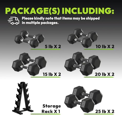 HANDBODE Hex Dumbbell Set with Vertical Storage Rack, 100–550 lb | Non-Slip Handle Design for Secure Grip, Rubber Encased Dumbbells, Hand Weights for Strength Training and Home Gym - style: 150 lb (5, 10, 15, 20, 25 lb) X 2 & Rack