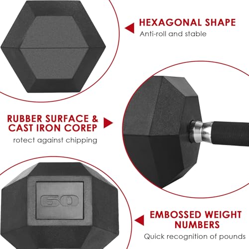 LIFERUN Rubber Grip Dumbbells Rubber Coated Cast Iron, with Anti-Slip Hex Black Dumbbell, Free Weights Dumbbell Set, 60lb/ 65lb/ 70lb/ 75lb dumbbell Single - style: 75lb