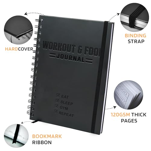 Nextnoid Hardcover Fitness & Food Journal - Nutrition & Workout Planner for Men & Women - A5(5.7" x 8.3") Sturdy Workout Log Book to Track Diet, Gym & Home Workouts - color: A.Black, style: Fitness & Meal