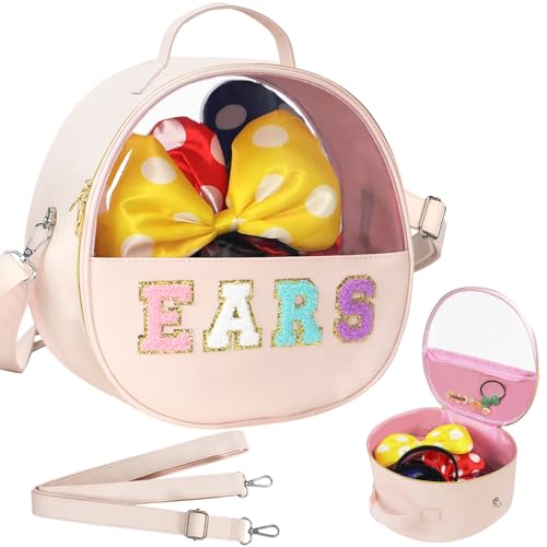 Translucent Mouse Ears Travel Case, Chenille Letter Headband Ears Holder Waterproof Hair Accessories Organizer Storage for Women Adults Gift Large Thicken Makeup Snack Bag for Park Travel - color: Pink