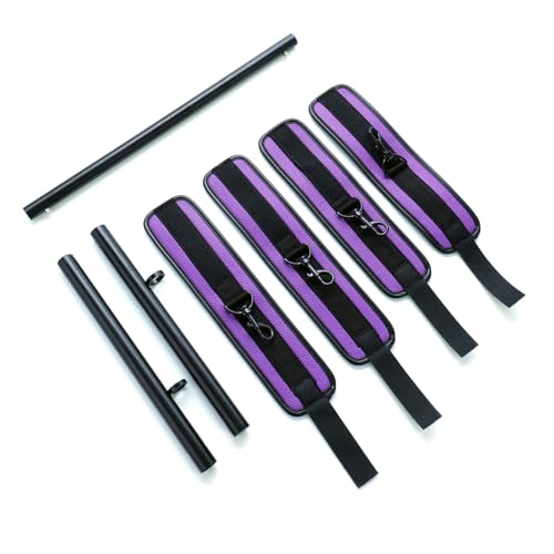3 in 1 Heavy Duty Stainless Steel Expandable Spreader Bar with 4pcs PU Rose-Gold Adjustable Straps,Workout Bar for Home Gym Training Bar,Portable Detachable Pilates Kit - style: Black+Purple PU Kit