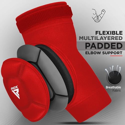 RDX Elbow Pads, Muay Thai MMA Kickboxing Sparring Elbow Guard, Martial Arts Striking Protection,Wrestling Basketball Adjustable MTB Volleyball Compression Padded Sleeve, Men Women - color: Red White, size: X-Large