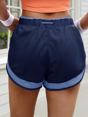 Fisoew Women Athletic Shorts 2 in 1 Running High Split Color Block Workout Yoga Mesh Shorts Pocket Drawstring - color: Dark Blue, size: Medium