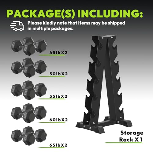 HANDBODE Hex Dumbbell Set with Vertical Storage Rack, 100–550 lb | Non-Slip Handle Design for Secure Grip, Rubber Encased Dumbbells, Hand Weights for Strength Training and Home Gym - style: 550 lb (45, 50, 55, 60, 65 lb) X 2 & Rack