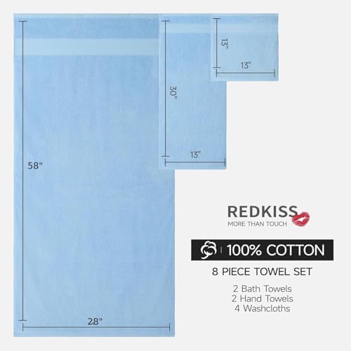 REDKISS 8 Piece Blue Towels Set - 100% Cotton Towels Set with 2 Large Bath Towels, 2 Hand, 4 Washcloths, 600 GSM Highly Absorbent Bath Towel Sets, Blue Quick Dry Shower Towel for Family Dorm Gym - color: Blue