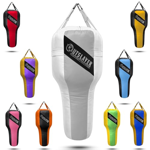 Outslayer Angle Uppercut Heavy Punching Bag for Boxing & MMA - Customizable Colors, Optional D-Ring, Unfilled/Soft Filled Choices - Made in USA - color: Gray/White, style: FIlled WITH Bottom D-Ring