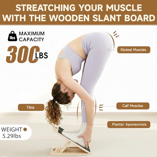 Slant Board for Calf Stretching, 5-Level Adjustable Wooden Incline Board Muscle Relief, Non-Slip Physical Therapy Tilt Board for Exercise, Balance, Leg, Ankle & Knee Recovery, Home Gym