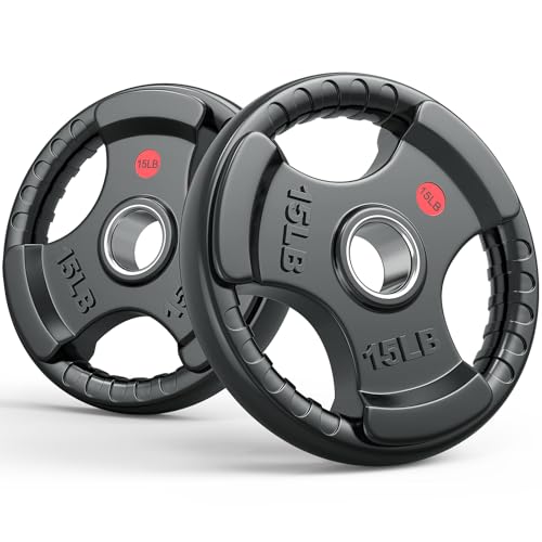 Gikpal Olympic Weight Plates, 2-Inch Three-Grip Rubber Coated Barbell Plates with Steel Hub, Cast Iron Weights for Strength Training & Home Gym, Pair or Sets (2.5–45LB) - style: 2 X 15LBS
