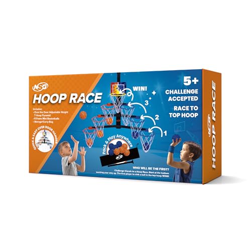 NSG Over The Door Basketball Hoop - Adjustable Height 7 Hoop Race Pyramid with 8 Mini Foam Balls & Carry Bag, Wall-Mounted, Easy Setup, Kids Indoor/Outdoor Game for Ages 5+ Years - style: Hoop Race