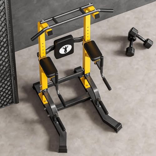 soges Power Tower Pull Up Bar Dip Station, All in One Free Standing Pull Up Bar for Home Gym with 7-Level Height Adjustable, Multi-Function Power Racks Strength Training Equipment, 330 lbs Capacity - color: Yellow