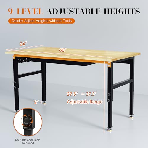 Betterhood 60" Adjustable Height Workbench, 2000 LBS Heavy Duty Work Table with Power Outlets & Pegboard, Rubber Wood Workstation for Garage, Workshop, Office, Home, Commercial - size: Rubber Pad / Power Outlets / Drawer / 60"x24"