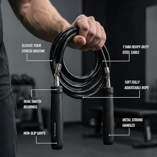 Weighted Jump Rope 1LB for Men & Women - Heavy Duty 11mm Steel Cable, Metal Handles with Smooth Spin, Comfortable Grips & Adjustable Length | Perfect for Muay Thai, MMA & High-Intensity Fitness Workouts
