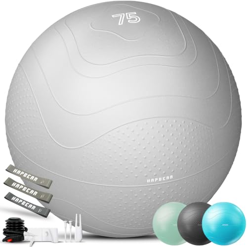 HAPBEAR Exercise Ball- Anti-Burst Slip-Resistant Yoga/Pilates Ball for Core Training & Posture Improvement, Home Gym/Rehab/Pregnancy Ball, Quick Pump & 3 Resistance Bands Included - color: Grey, size: XL (27-30IN / 68-75cm)