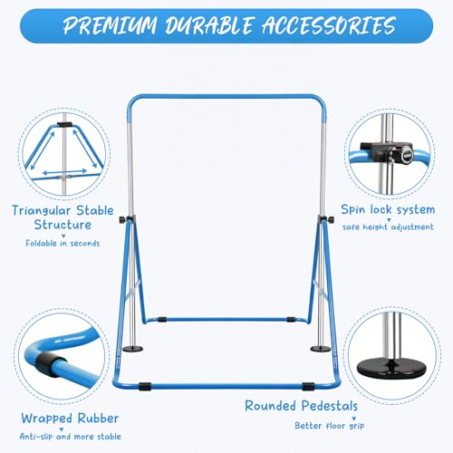 Expandable Gymnastics Bars with Ring, Adjustable Height Gymnastic Horizontal Bars, Gym Junior Training Bar Children Folding Training Monkey Bars for Kids - color: Blue