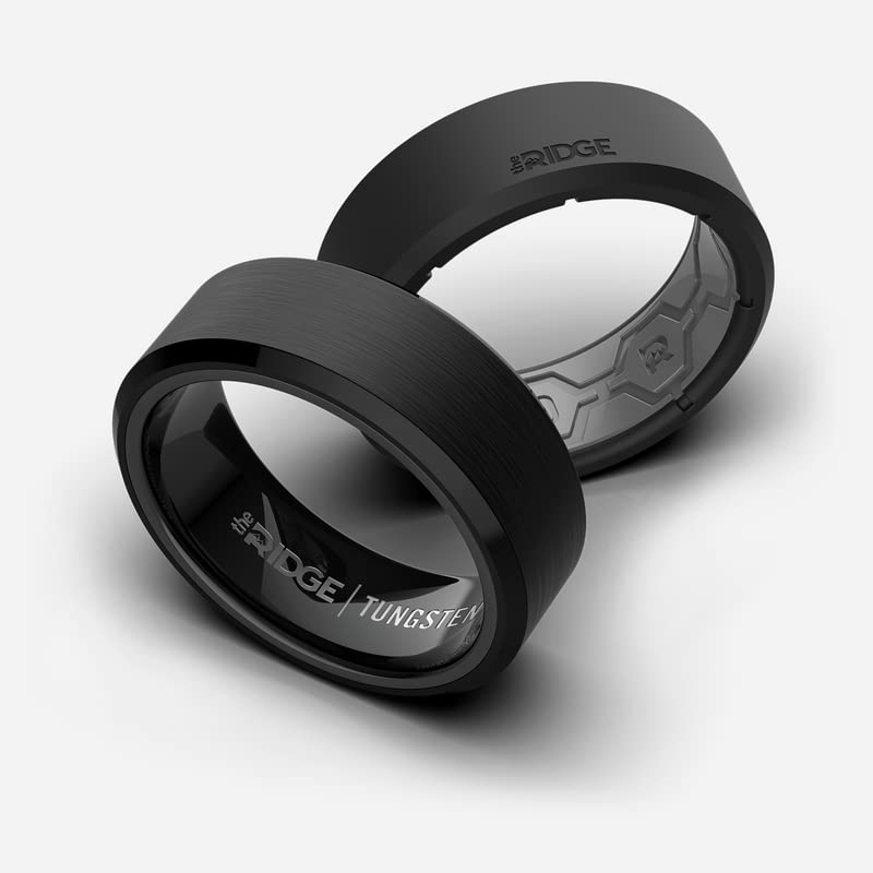 The Ridge Tungsten Rings For Men - Mens Wedding Band - Strong, Durable, and Scratch-Resistant Beveled Ring With Silicone Band - color: Royal Black