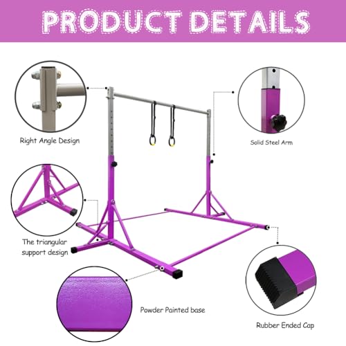 Gymnastics Bar for Kids Girls Ages 3-15 with Ring for Home Indoor Training Equipment- Steady Steel Construction, Anti-Slip, Easy to Assemble, 3' to 5' Adjustable Height - color: PURPLE, size: 4.8FT, style: FOLDABLE BAR WITH RING