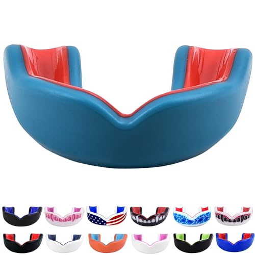 Oral Mart Youth Sports Mouth Guard for Kids (USA Flag, Fangs, 20+ Colors to Choose from) Mouthguard for Football, MMA, Karate, Boxing, Rugby, BJJ, Flag Football – /w Case (Youth, Strapless) - color: Aqua/Red